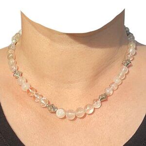 Ten Thousand Villages Quartz Spheres Round Beads Necklace Clear White Silver 17'